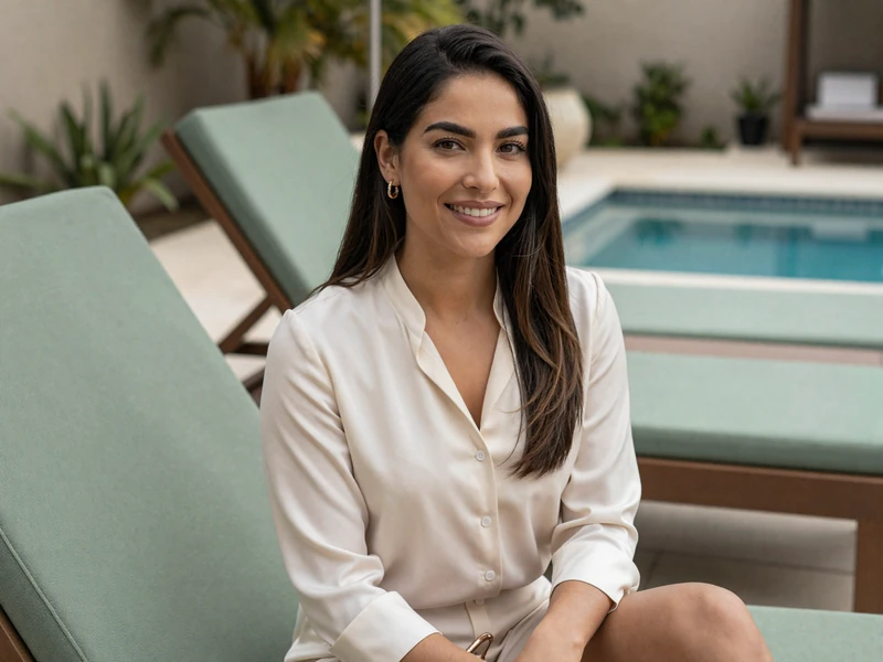 Female dermatologist relaxing by a wellness retreat pool in natural light
