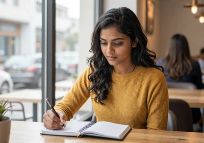 Woman doctor journaling thoughtfully at a bright cafe window