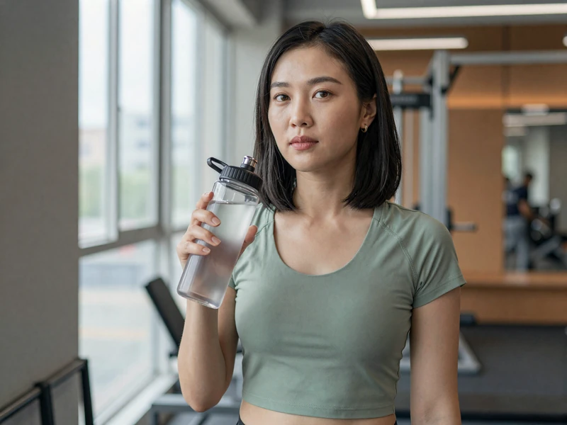 Asian American woman doctor in athletic wear at a modern gym with natural light