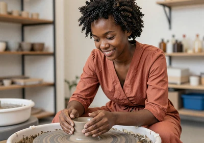 Woman doctor enjoying a pottery class in a bright studio