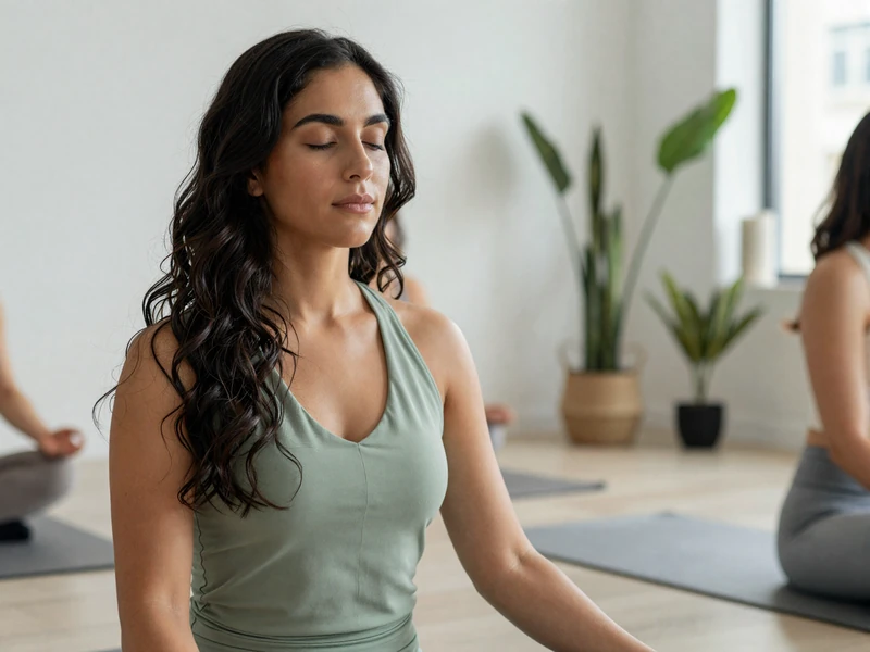 Latina woman doctor in a meditation class with serene expression and natural studio light