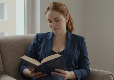 Woman reading a book peacefully in a cozy armchair by a window