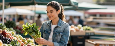 Female pharmacist browsing a farmers market on a sunny weekend