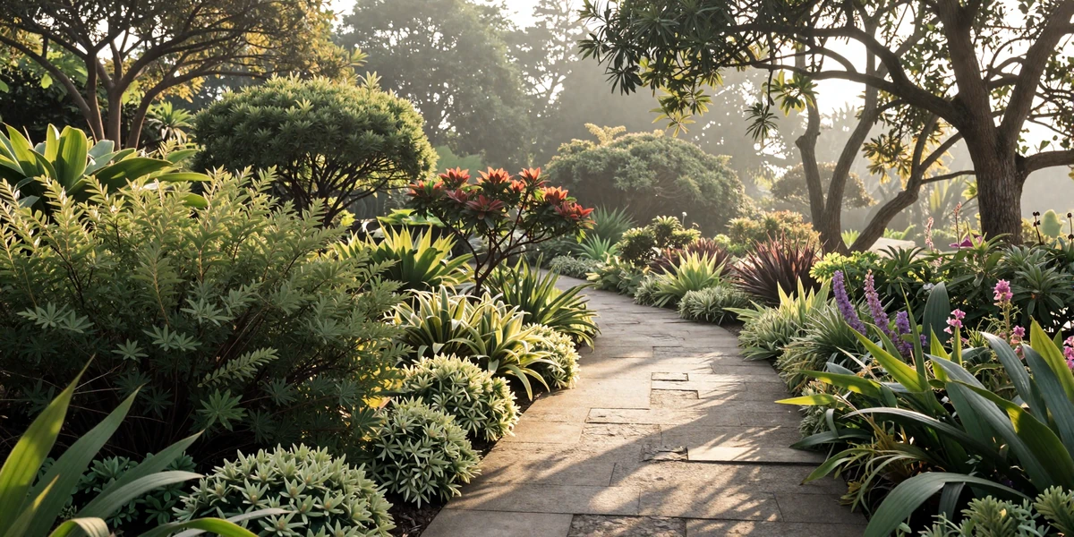 Serene botanical garden with soft green foliage and dappled sunlight