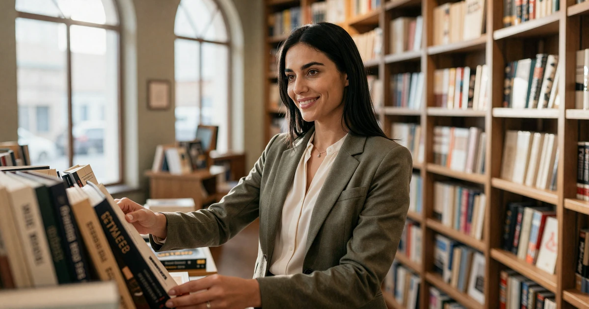 Female pharmacist browsing books in a luxury bookstore on her day off