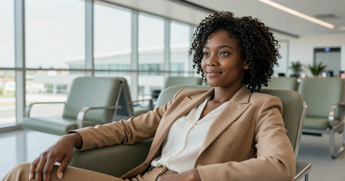 Female nurse anesthetist relaxing in a bright airport lounge after a shift