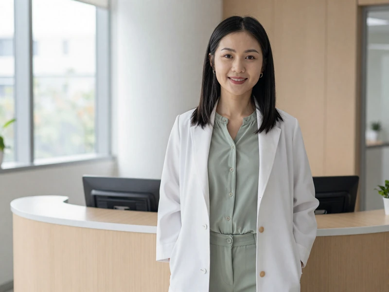Female nurse practitioner smiling confidently in a bright modern clinic lobby