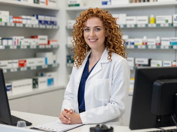 Female pharmacist smiling behind a modern pharmacy counter