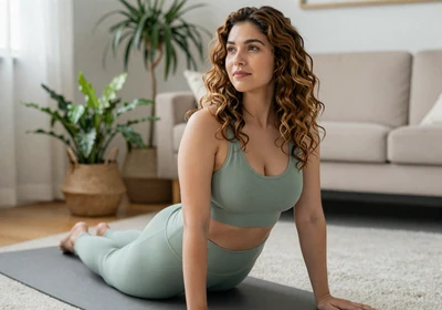 Woman doctor practicing yoga at home on a weekend morning