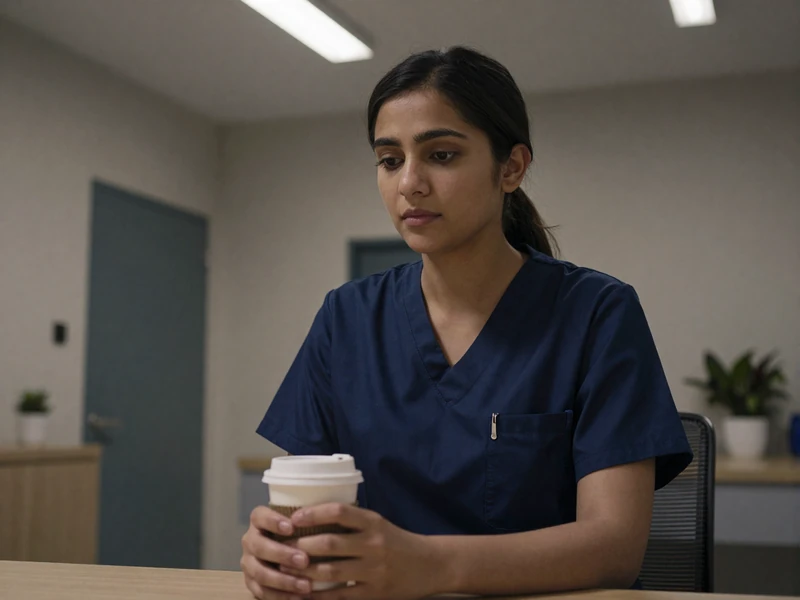Young female doctor during a night shift break in a dimly lit hospital room