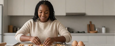 Black woman nurse baking cookies in a bright modern kitchen