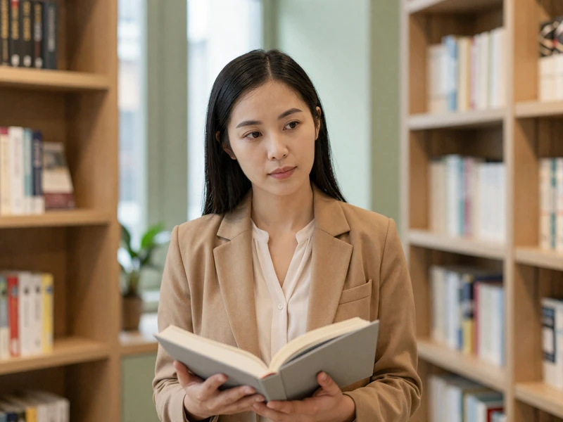 Female nephrologist reading in a quiet bookstore with warm afternoon light