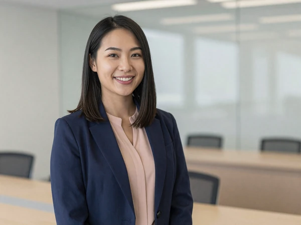 Female oncologist smiling in a modern conference hall with glass walls