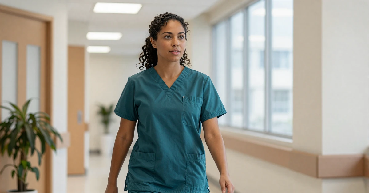 Female ER doctor walking through a bright modern hospital lobby in scrubs