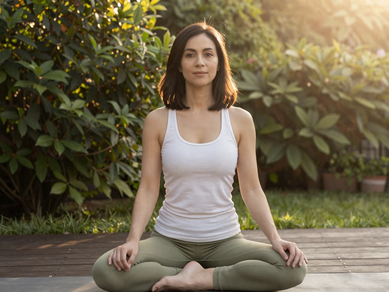 Female endocrinologist practicing yoga on a wooden deck at sunrise in a lush garden