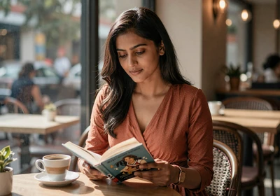Woman doctor enjoying a quiet afternoon reading at a cafe