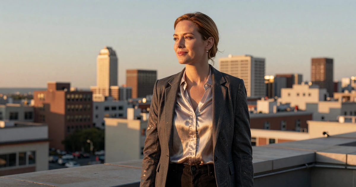 Confident female surgeon in a smart-casual blazer on a city rooftop at sunset