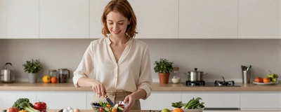Female physical therapist preparing a healthy meal in a bright modern kitchen