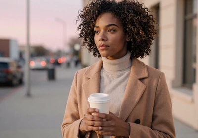Woman doctor having coffee at dawn after finishing a shift
