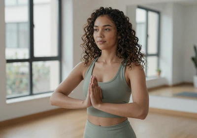Woman doctor in sage green yoga attire at a bright modern yoga studio