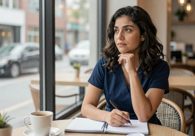 Female nephrologist writing thoughtfully in a notebook at a cafe