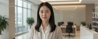 Female LPN standing confidently in a bright modern office lobby