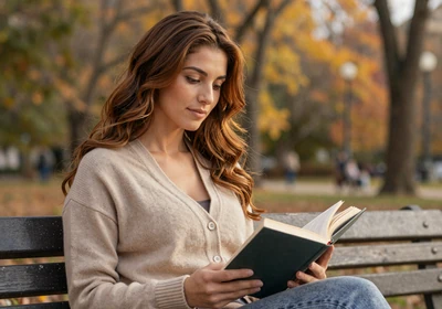 Woman reading peacefully on a park bench in golden hour light