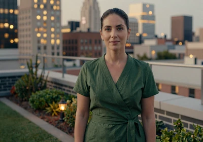 Female oncologist standing on a city rooftop garden at dusk