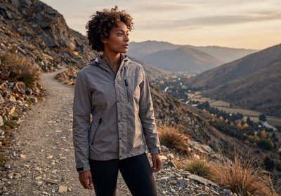 Female orthopedic surgeon hiking on a mountain trail at golden hour