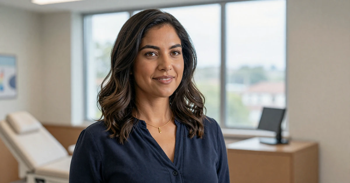 Female radiology technologist smiling confidently in a bright modern office