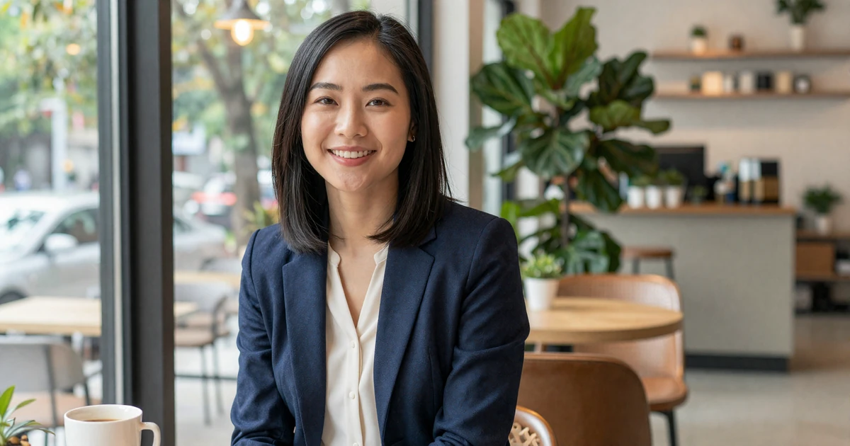 Female internist in a smart-casual blazer enjoying coffee at a bright modern café