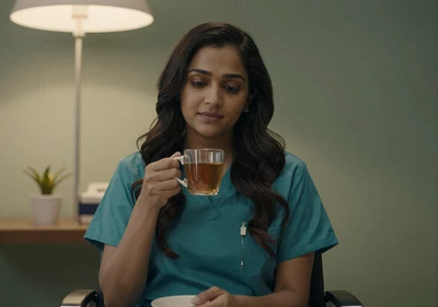 Woman doctor in scrubs taking a quiet break during a night shift