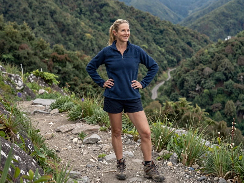 White American woman physical therapist in hiking gear on a mountain trail overlooking a valley