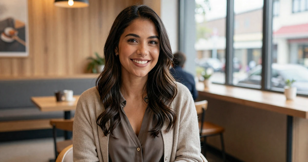 Female licensed practical nurse smiling warmly in a modern coffee shop